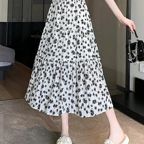 Load image into Gallery viewer, Spring Summer Women Black Beige Floral Elegant Pleated Long Skirts Vintage Elastic High Waist Vacation A-line Skirt Bohemian New
