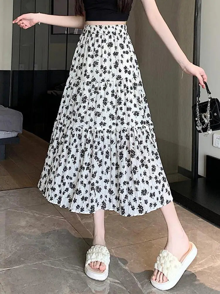 Spring Summer Women Black Beige Floral Elegant Pleated Long Skirts Vintage Elastic High Waist Vacation A-line Skirt Bohemian New