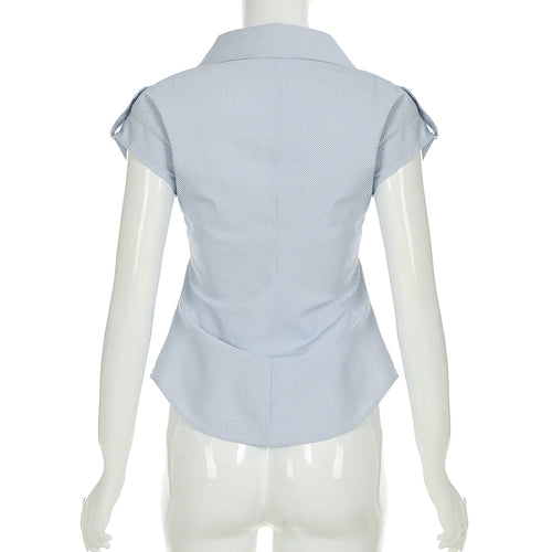 Load image into Gallery viewer, Casual Blue Striped Skinny Summer Shirts Women Chic Curved hem With Breasted Buttons Blouse Lady Short Sleeve Top New
