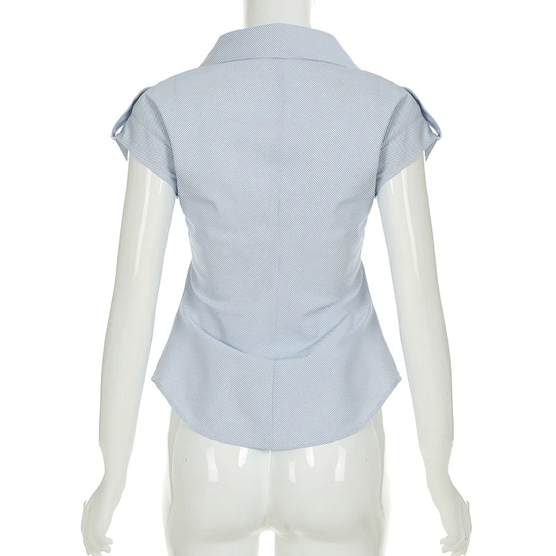 Casual Blue Striped Skinny Summer Shirts Women Chic Curved hem With Breasted Buttons Blouse Lady Short Sleeve Top New