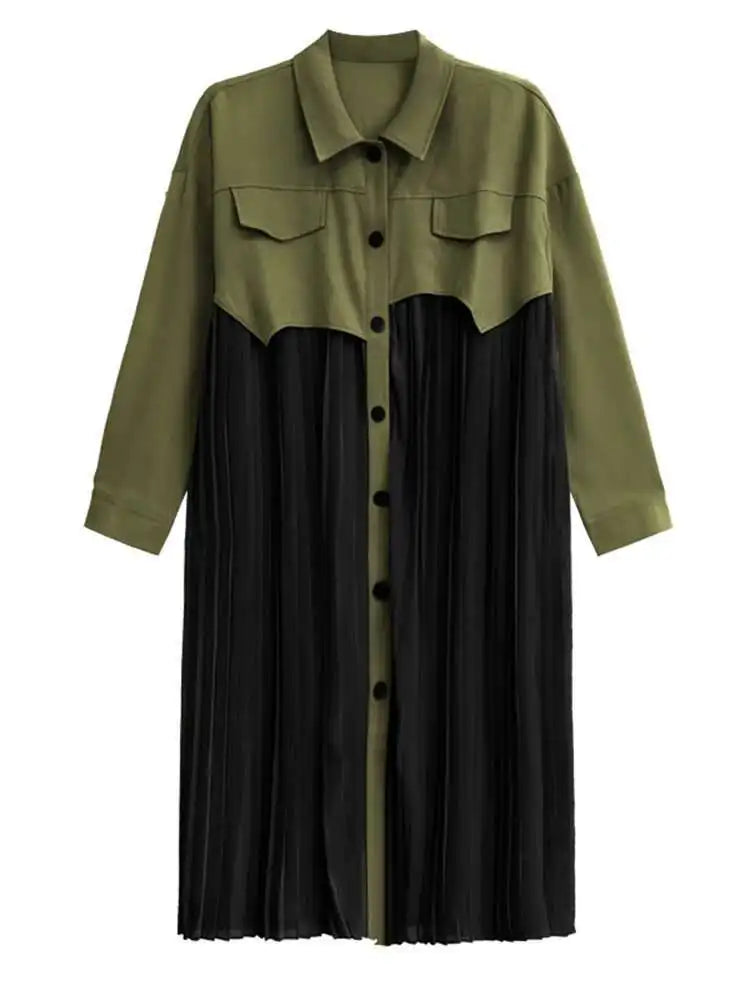 Women Army Green Pleated Spliced Big Size Midi Shirt Dress New Lapel Long Sleeve Fashion Tide Spring Autumn 2025 1DH6927