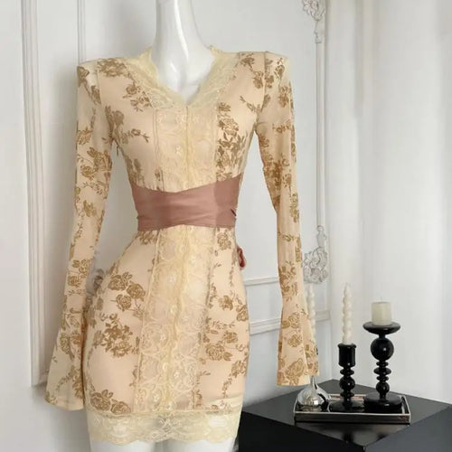 Load image into Gallery viewer, Korean Women New Black Patchwork Lace V Neck Long Sleeve Bandage Dress Autumn Yellow Print Elegant Sexy Party Short Dress Trendy
