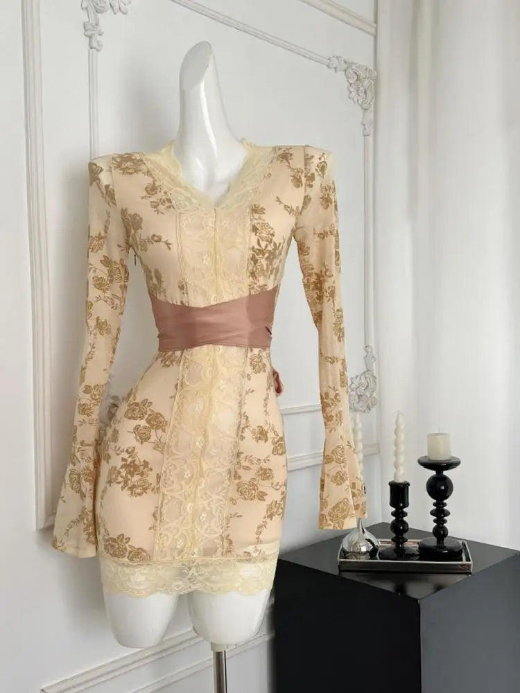 Korean Women New Black Patchwork Lace V Neck Long Sleeve Bandage Dress Autumn Yellow Print Elegant Sexy Party Short Dress Trendy