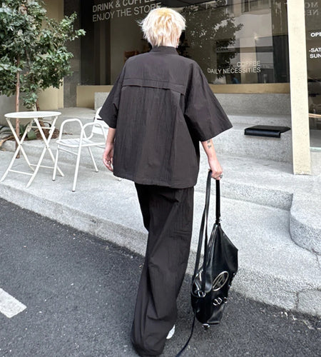 Men's Set New Summer Solid Color Wrinkled Short Sleeve Single Breasted Shirt Male Casual Elastic Waist Pants 9W1491