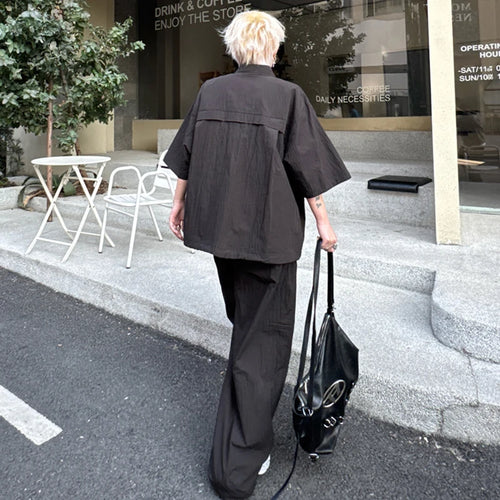 Load image into Gallery viewer, Men's Set New Summer Solid Color Wrinkled Short Sleeve Single Breasted Shirt Male Casual Elastic Waist Pants 9W1491
