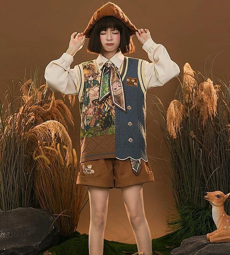 2025 Autumn Sweater Animal Patchwork Knitted Vest Contrast ColorTop for Women Vintage Sleeveless Kawaii Harajuku V-Neck Cardigan