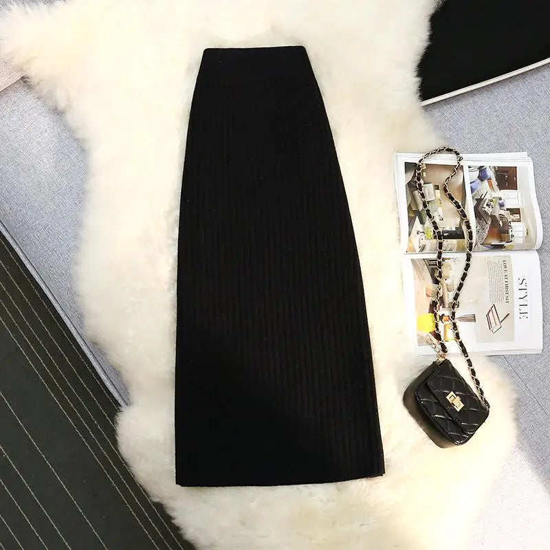 Sweater Knitted Skirt Women Autumn Winter Simple Style A-line Skirt Female Elegant Fashion High Waist Midi Skirts Lady