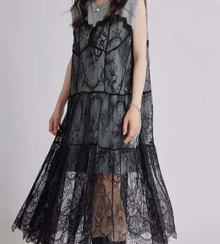 Women Gray Lace Perspective Big Size Midi Dress New Round Neck Short Sleeve Fashion Tide Spring Summer 2025 1DJ1429