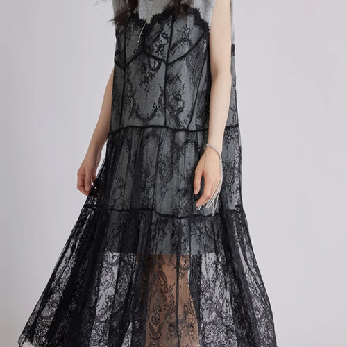 Load image into Gallery viewer, Women Gray Lace Perspective Big Size Midi Dress New Round Neck Short Sleeve Fashion Tide Spring Summer 2025 1DJ1429
