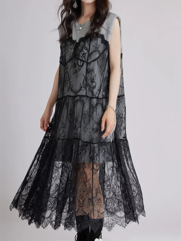 Women Gray Lace Perspective Big Size Midi Dress New Round Neck Short Sleeve Fashion Tide Spring Summer 2025 1DJ1429