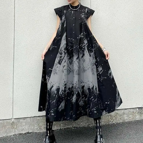 Load image into Gallery viewer, Women Black Pattern Printed Big Size Midi Shirt Dress New Stand Collar Sleeveless Fashion Tide Spring Summer 2025 1DH5837
