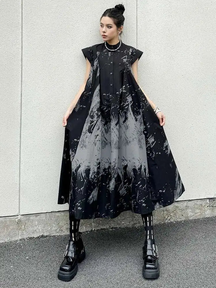 Women Black Pattern Printed Big Size Midi Shirt Dress New Stand Collar Sleeveless Fashion Tide Spring Summer 2025 1DH5837