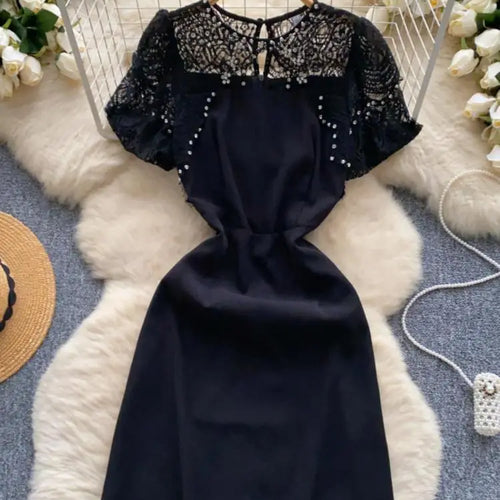 Load image into Gallery viewer, Summer Beige Lace Patchwork Sexy Club Mini Dress French Women Black Diamond Hollow Out High Waist Party Short Dresses 2024 New
