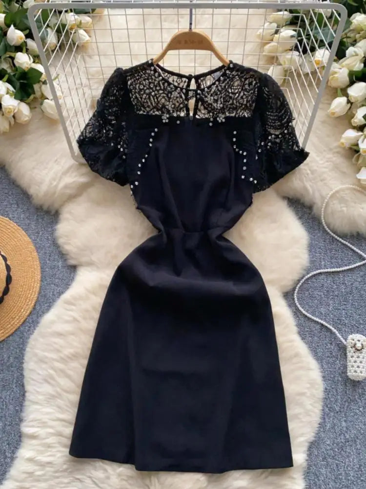 Summer Beige Lace Patchwork Sexy Club Mini Dress French Women Black Diamond Hollow Out High Waist Party Short Dresses 2024 New