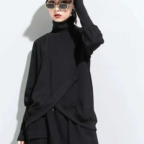 Load image into Gallery viewer, Women Black Irregular Split Joint Big Size T-shirt New Turtleneck Long Sleeve  Fashion Tide Spring Autumn 2025 1DC670
