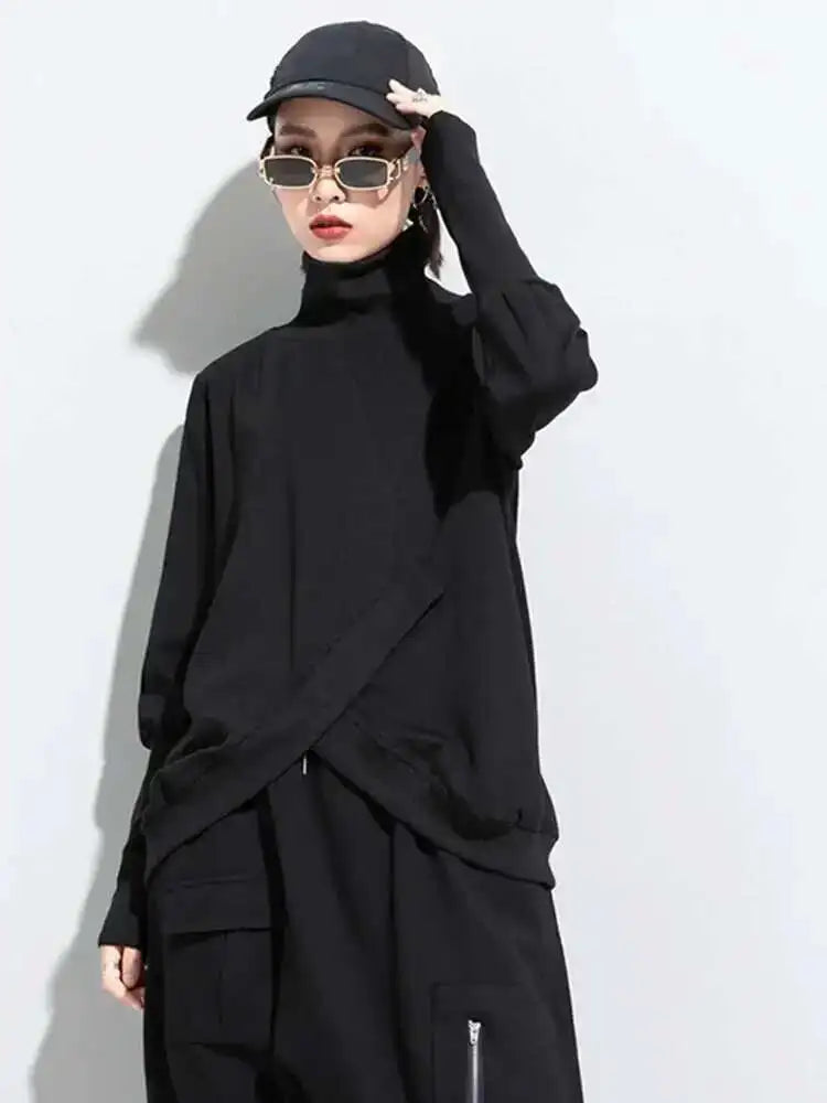 Women Black Irregular Split Joint Big Size T-shirt New Turtleneck Long Sleeve  Fashion Tide Spring Autumn 2025 1DC670