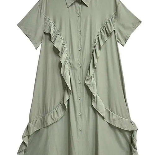 Load image into Gallery viewer, Women Green Irregular Ruffles Big Size Midi Shirt Dress New Lapel Short Sleeve Fashion Tide Spring Summer 2025 1DH6080
