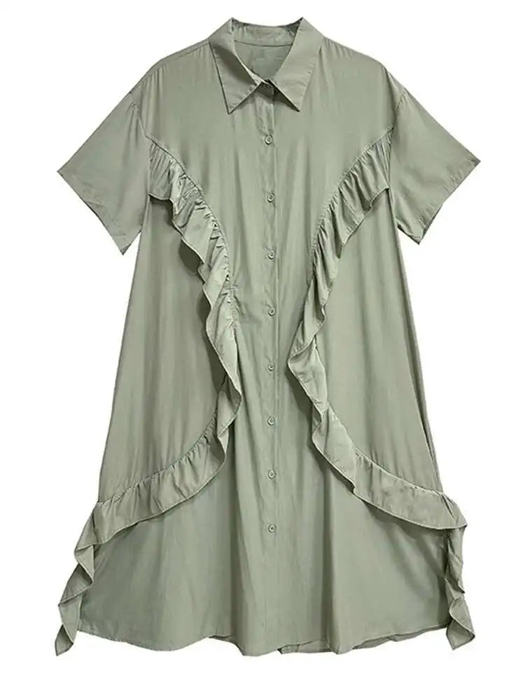 Women Green Irregular Ruffles Big Size Midi Shirt Dress New Lapel Short Sleeve Fashion Tide Spring Summer 2025 1DH6080