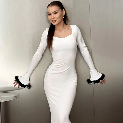 Load image into Gallery viewer, Flare Sleeve Sexy Bodycon Elegant Long Sleeve Maxi Dress Women High Waist Square Collar Evening Dress Female Clothes
