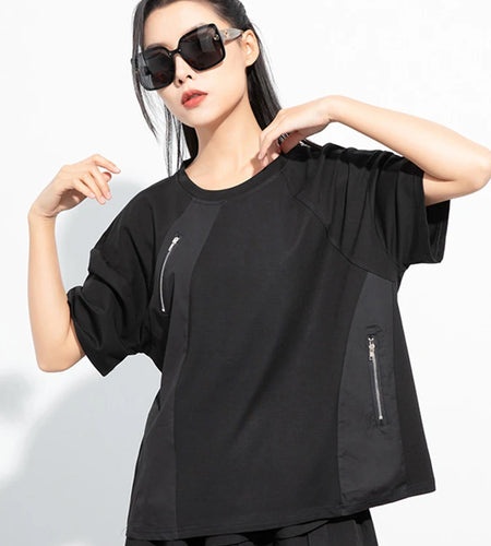 Women Black Green Color-block Big Size Zipper T-shirt New Round Neck Short Sleeve Fashion Tide Spring Summer 2025 1DH5062