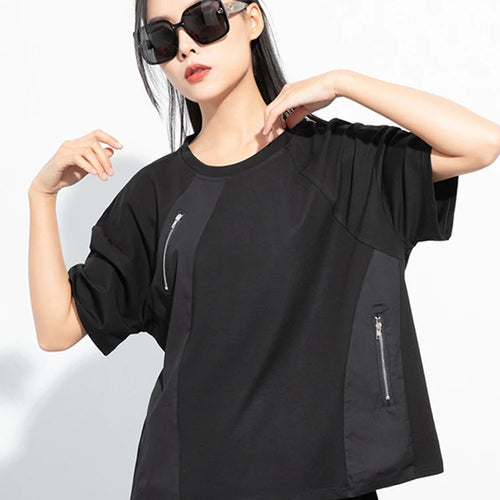 Load image into Gallery viewer, Women Black Green Color-block Big Size Zipper T-shirt New Round Neck Short Sleeve Fashion Tide Spring Summer 2025 1DH5062

