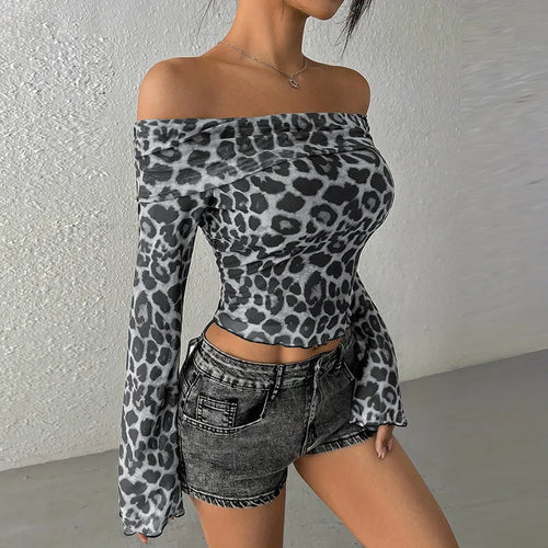 Load image into Gallery viewer, Leopard Print Long Sleeve T-shirt Women Off-shoulder Backless Crop Tops Female Fashion Printed Strapless Tees Tops

