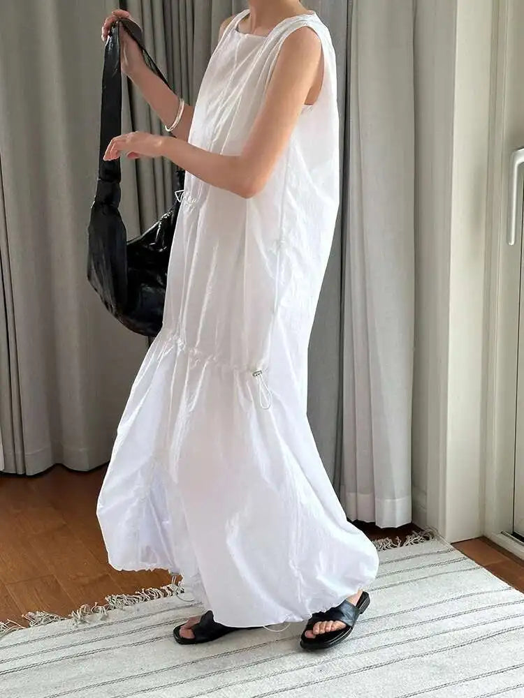 Women White Gray Big Size Long Elegant Thin Dress New Square Collar Sleeveless Fashion Tide Spring Summer 2025 1DH6054