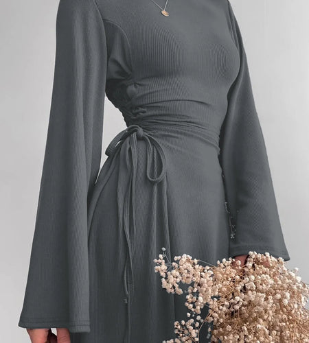 Ribbed Solid O Neck Long Flare Sleeve Bandage Sexy Bodycom Maxi Dress Fall Elegant Y2K Outfits Birthday Party Outfits