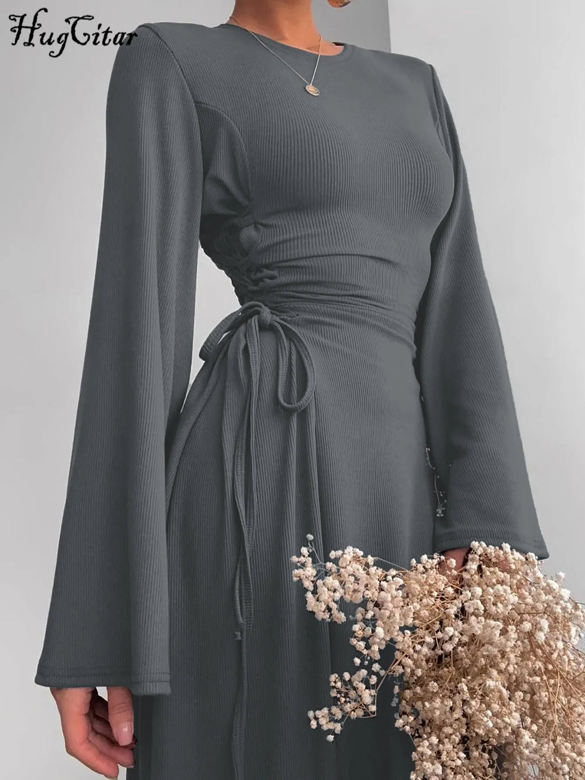 Ribbed Solid O Neck Long Flare Sleeve Bandage Sexy Bodycom Maxi Dress Fall Elegant Y2K Outfits Birthday Party Outfits