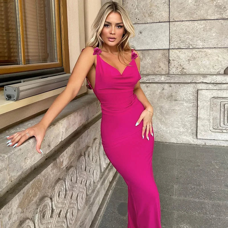 Flower Spaghetti Strap Backless Maxi Dress Women Rose Pink Bodycon Slipdress Ladies Elegant Sexy Club Party Dress