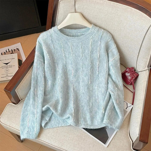 Load image into Gallery viewer, Korean Autumn Winter Beige Long Sleeves Loose Knit Crochet Sweater Women's Blue Round Neck Versatile Short Pullover Tops Popular
