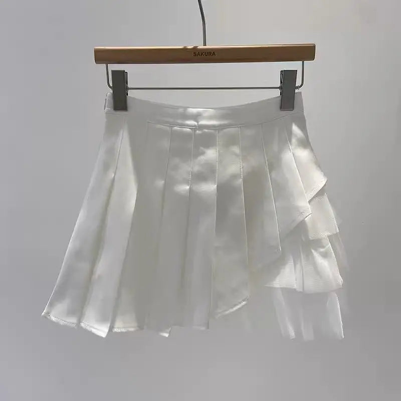Korean 2024 Spring Summer Women Black Mesh Patchwork High Waist Mini Skirt White Sexy Club Girl Party A-line Pleated Short Skirt