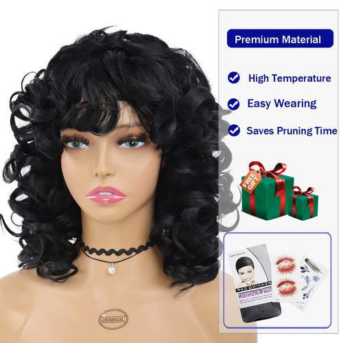 Load image into Gallery viewer, Synthetic Black Women Wig Short Curly Afro Wig With Bangs Soft Fluffy Curls Big Wave Shoulder African American Wig Curl
