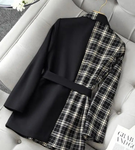 Korean Fashion Women Plaid Patchwork Double Breasted Bandage Blazer Coat Vintage Long Sleeve Temperament Tops Autumn Winter Chic