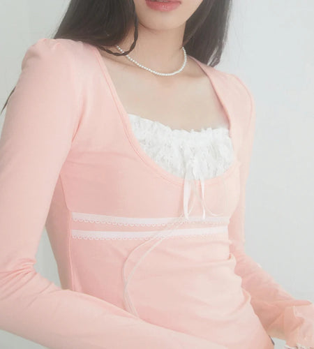 Sweet Korean Lace Patched Female T-shirt Y2K Stitch Coquette Clothes Cropped Top Tee Autumn Bow Kawaii Slim Contrast