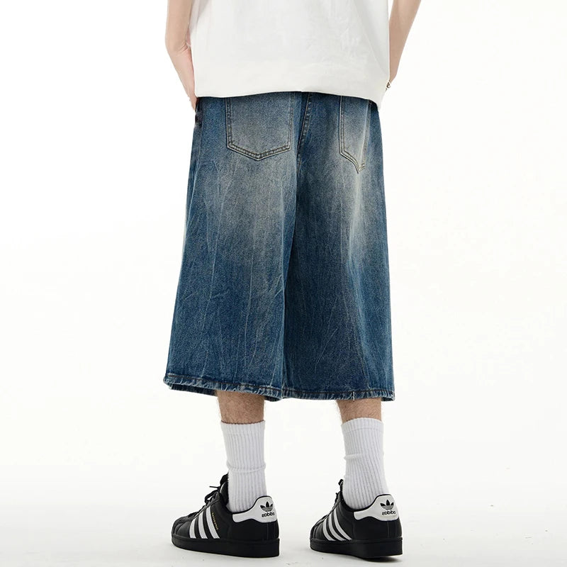 Wide Leg Men's Short Jeans American Washed Lightning Pattern Male Denim Shorts Loose Chic Men Bottoms Summer 9W1474