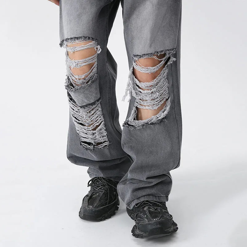 High Street Style Men's Ripped Jeans Trend Loose Hole Straight Wide Leg Pants Male Solid Color Denim Trousers 9A7544