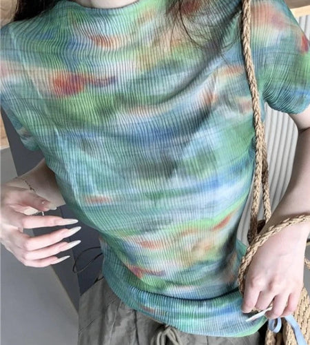 Half High Neck Printed Mesh T-shirt Women Clothing Summer Tees Casual Fashion Camisetas Crop Tops Chic Tie-dye Tunic Y2k Tshirts