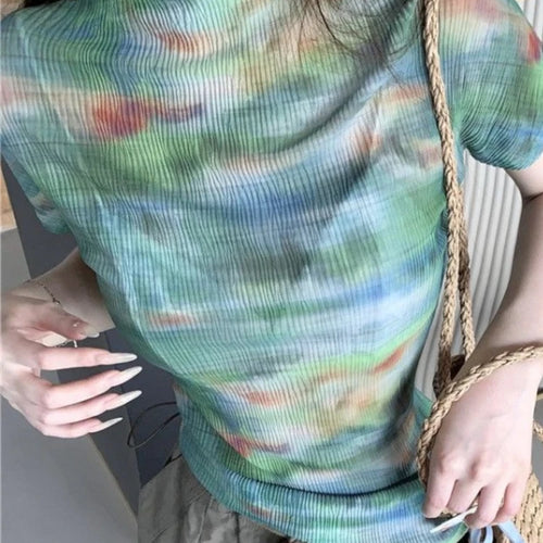 Load image into Gallery viewer, Half High Neck Printed Mesh T-shirt Women Clothing Summer Tees Casual Fashion Camisetas Crop Tops Chic Tie-dye Tunic Y2k Tshirts
