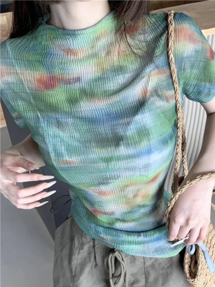 Half High Neck Printed Mesh T-shirt Women Clothing Summer Tees Casual Fashion Camisetas Crop Tops Chic Tie-dye Tunic Y2k Tshirts