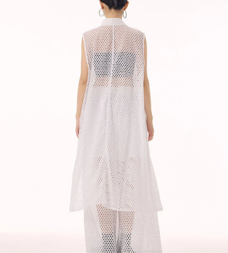 Women White Hollow Out Big Size Long Elegant Shirt Dress New Lapel Sleeveless Fashion Tide Spring Autumn 2025 1DH9424