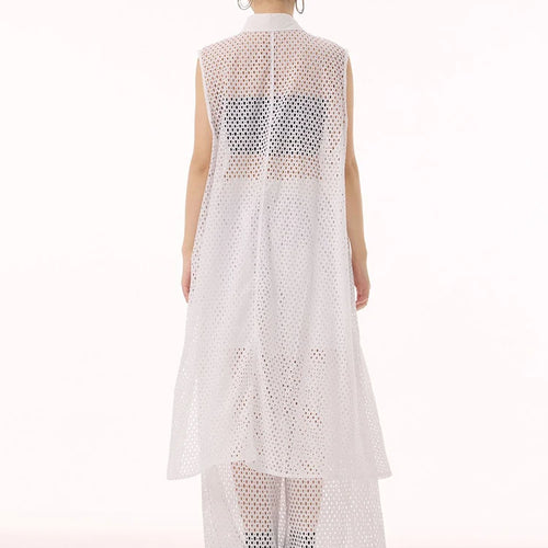 Load image into Gallery viewer, Women White Hollow Out Big Size Long Elegant Shirt Dress New Lapel Sleeveless Fashion Tide Spring Autumn 2025 1DH9424
