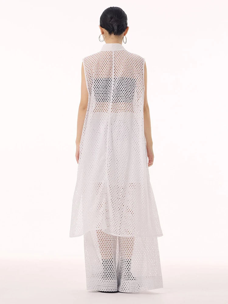 Women White Hollow Out Big Size Long Elegant Shirt Dress New Lapel Sleeveless Fashion Tide Spring Autumn 2025 1DH9424