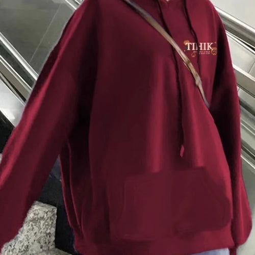 Load image into Gallery viewer, Wine Red Hooded Chic Drawstring Sweet Women Hoodies Fashion Solid Color Basic Pocket Simple Loose Casual Female Hoodies
