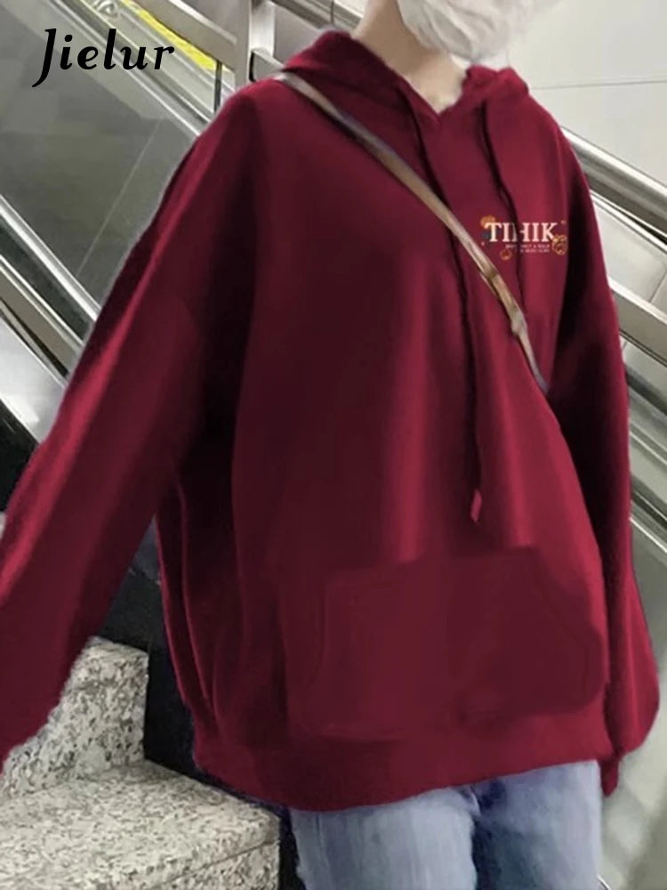 Wine Red Hooded Chic Drawstring Sweet Women Hoodies Fashion Solid Color Basic Pocket Simple Loose Casual Female Hoodies