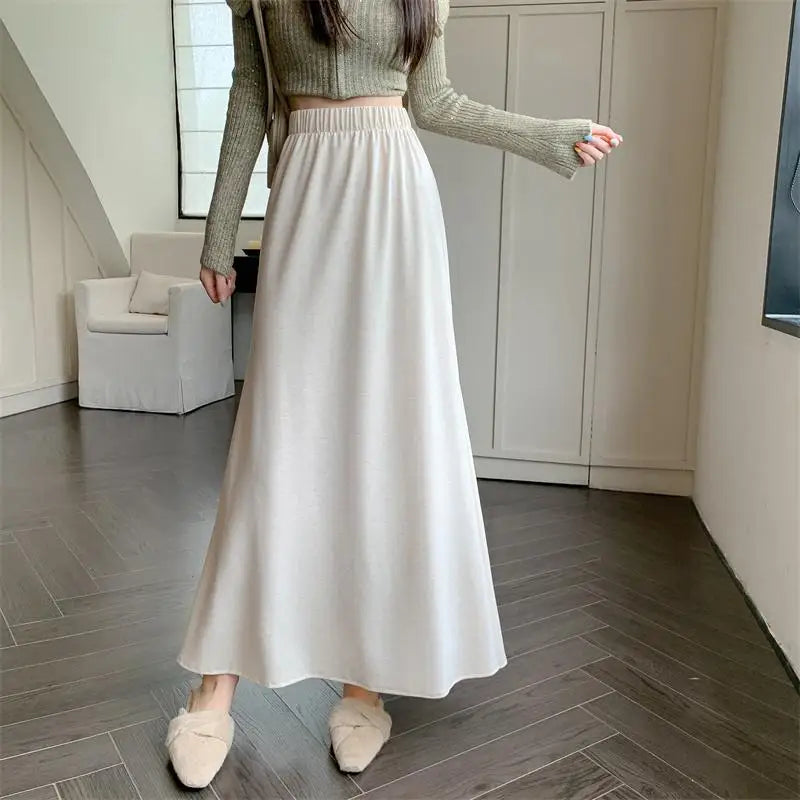 Autumn Winter Women's Black Elastic High Waist Fishtail Skirt Korean Version Beige Elegant Vacation Pleated A-line Long Skirts