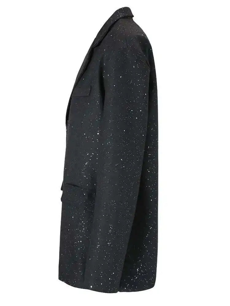 Women Black Shining Big Size Elegant Blazer New Lapel Long Sleeve Loose Fit Jacket Fashion Tide Spring Autumn 2025 CPG0664