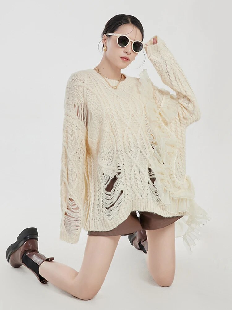 Hole Hollow Out Knitting Sweater For Women Round Neck Long Sleeve Patchwork Mesh Solid Pullover Female Clothing