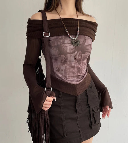 Grunge Fairycore Autumn T shirt Female Butterfly Print Mesh Top Off Shoulder Vintage Party Shirt Transparent Y2K Sexy