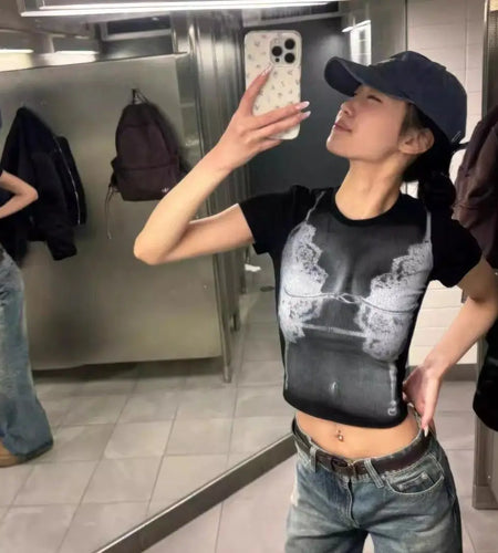 Crop Tops Sexy Print Tshirts for Women 2024 Ropa Mujer Short Sleeve O-neck Tunic Tees Fashion Korean Summer Black Y2k T Shirts